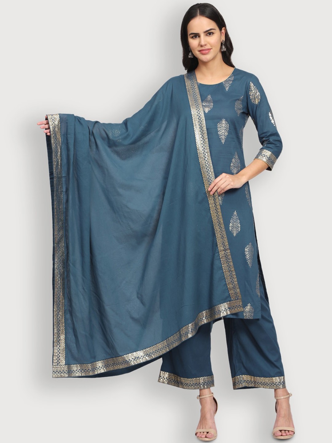 

SHEREEN Women Blue Ethnic Motifs Printed Pure Cotton Kurta Set With Dupatta