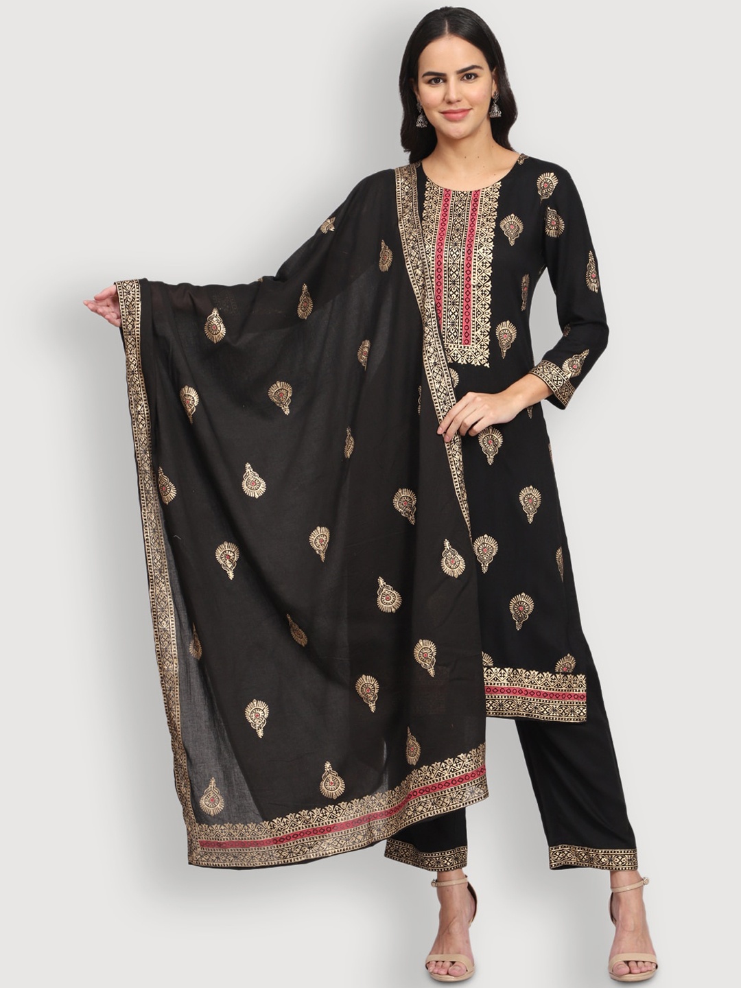 

SHEREEN Women Black Ethnic Motifs Printed Kurta with Palazzos & Dupatta