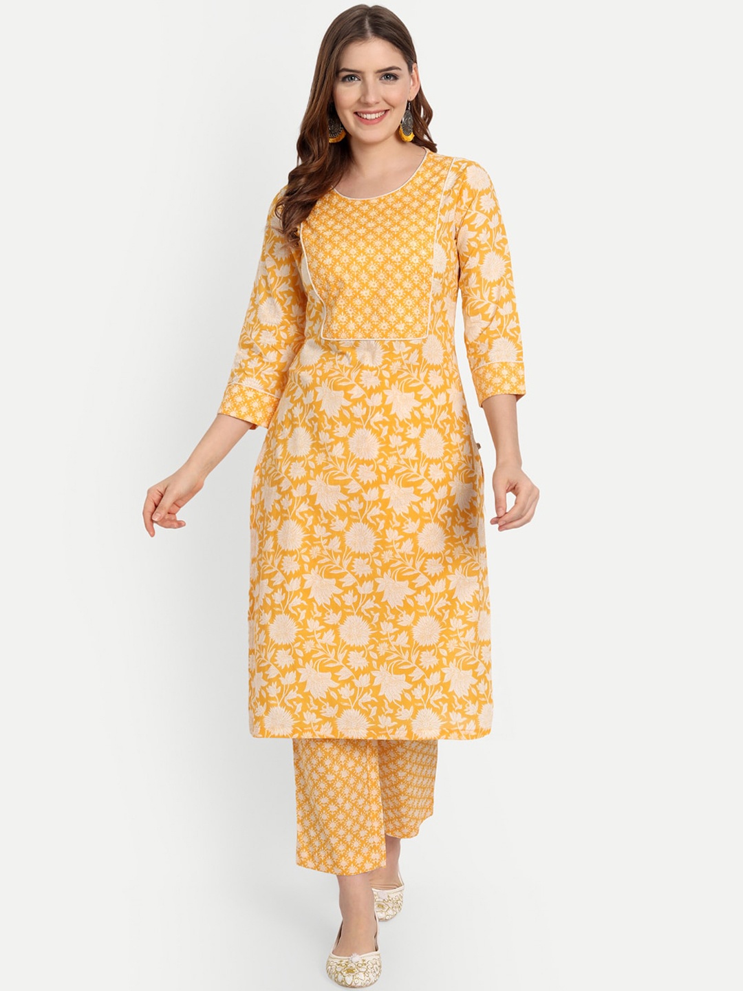 

SHEREEN Women Yellow Floral Printed Pure Cotton Kurta with Trousers