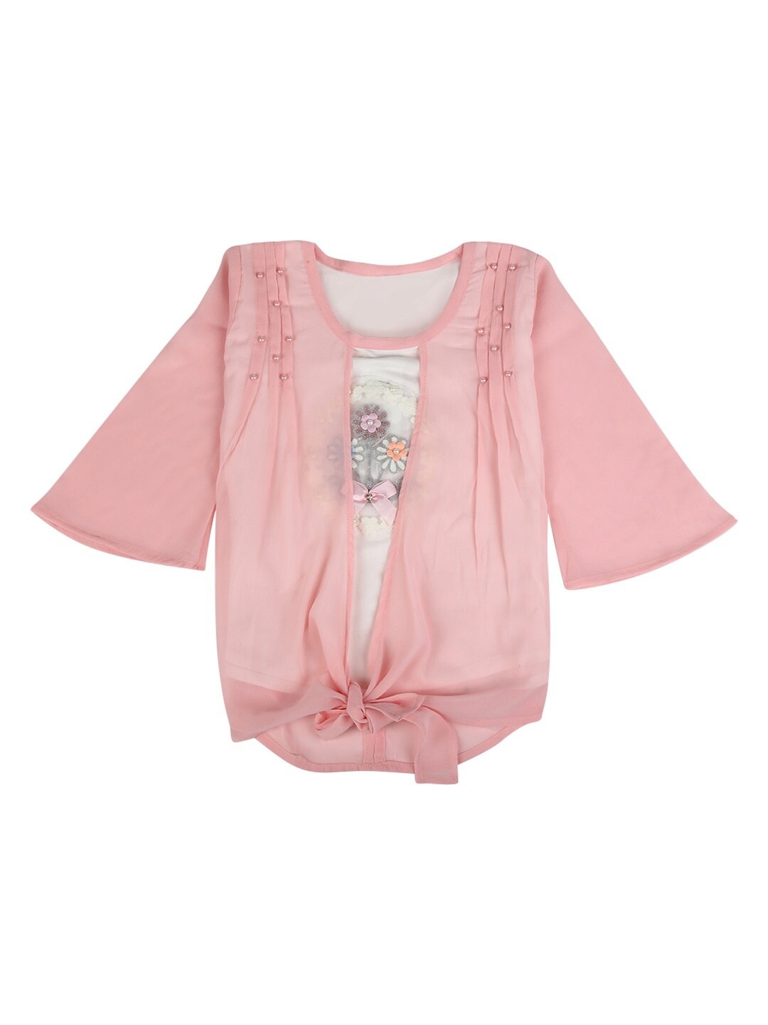 

V-Mart Girls Pink Self Design Georgette Round Neck Top