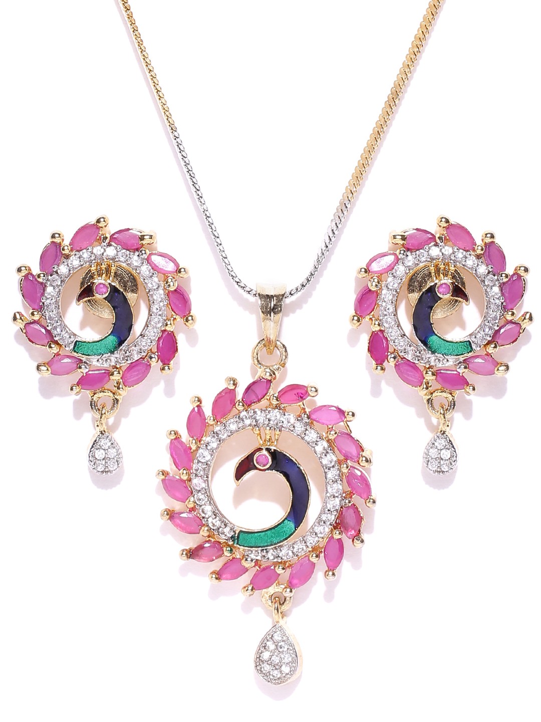 

YouBella Pink & Gold-Toned Peacock-Shaped Stone-Studded Jewellery Set