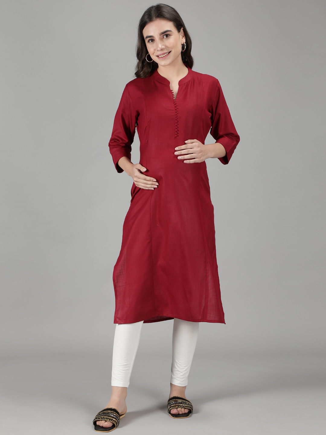 

NIGHTSPREE Women Maroon Keyhole Neck Maternity Kurta