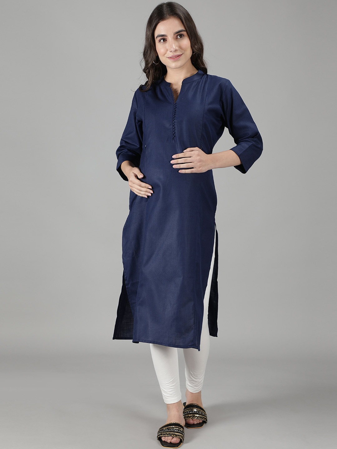 

NIGHTSPREE Women Navy Blue Solid Straight Pure Cotton Maternity Kurta