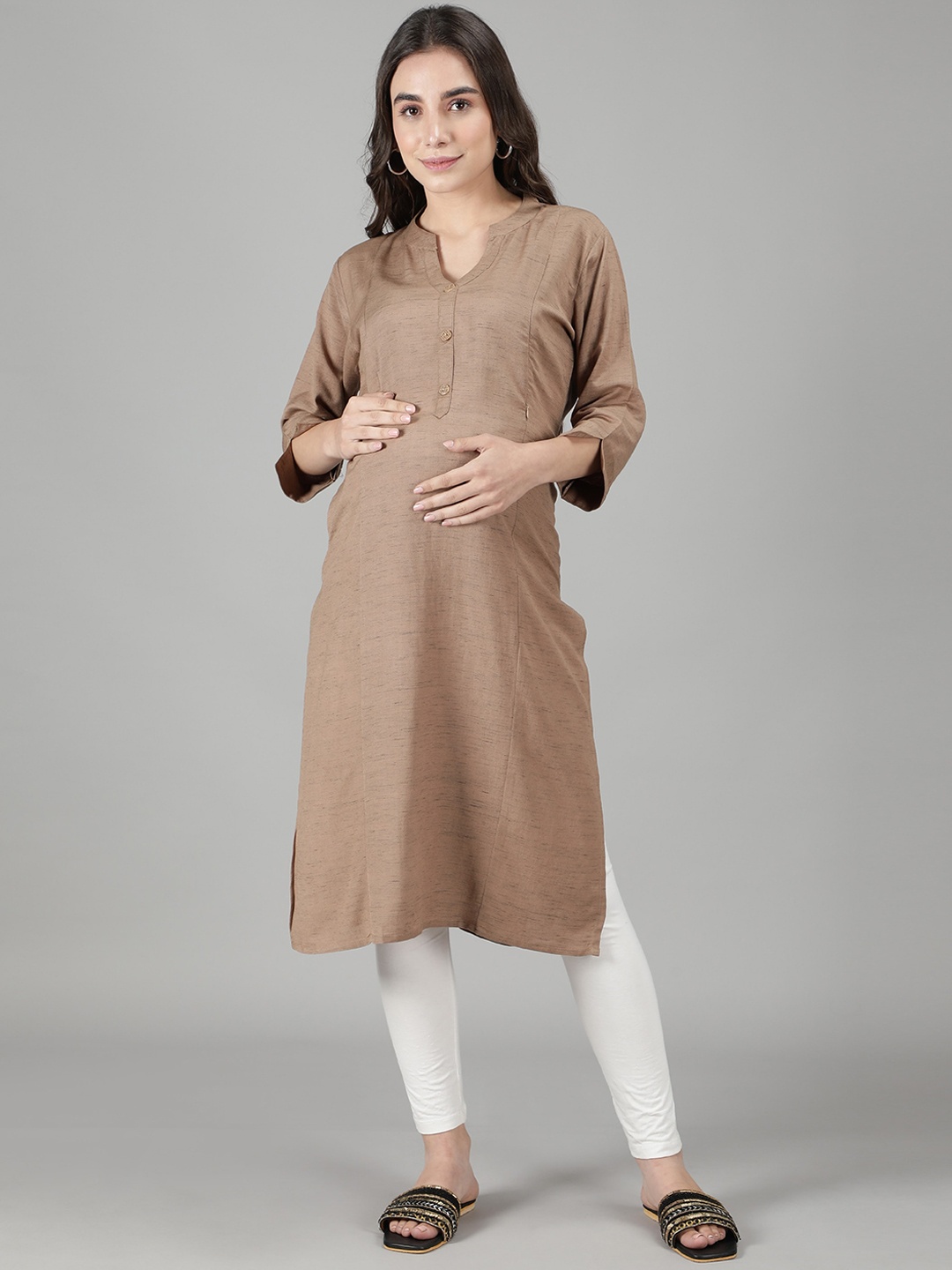 

NIGHTSPREE Women Brown Solid Straight Pure Cotton Maternity Kurta