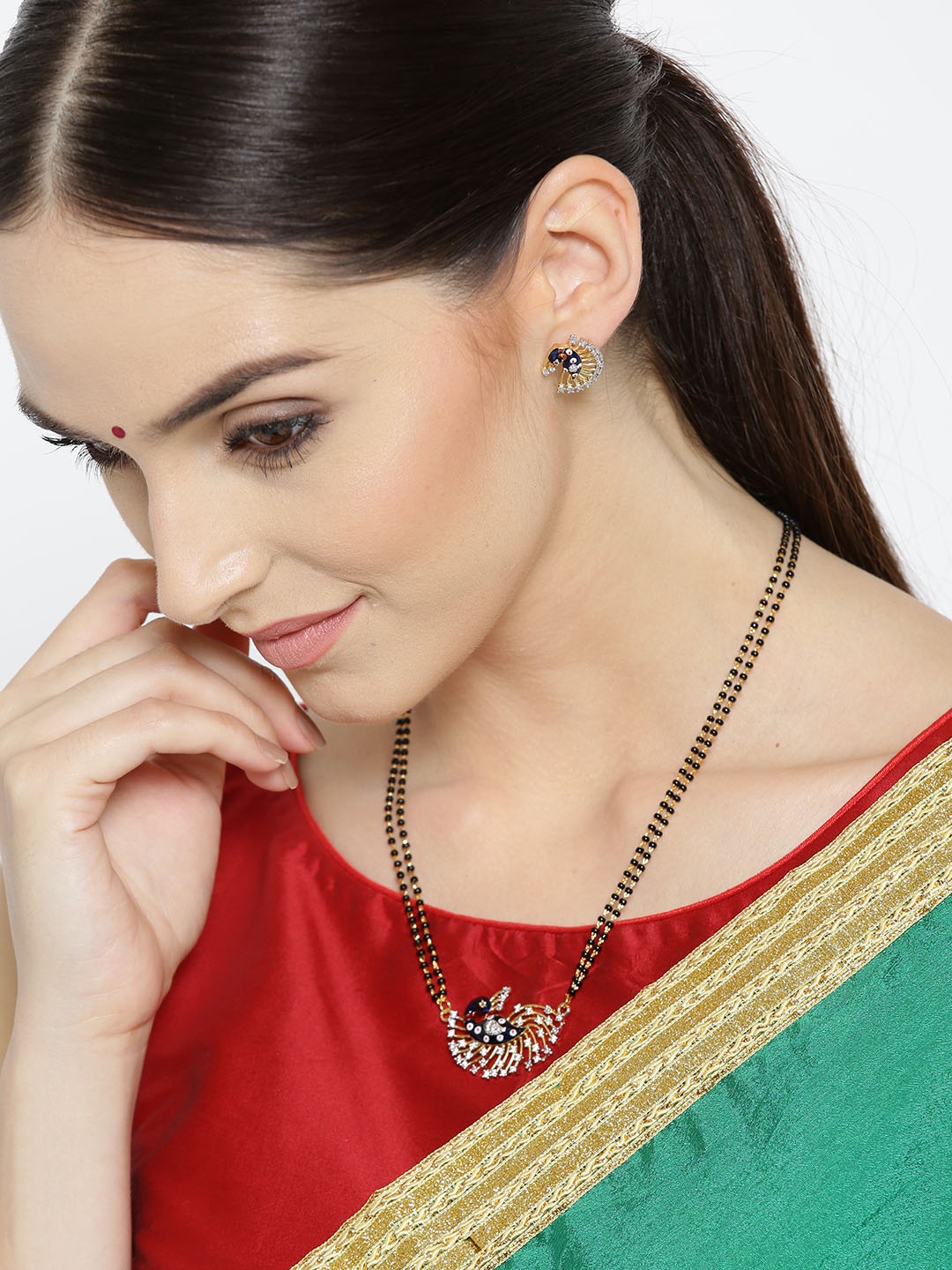 

YouBella Black Gold-Plated Stone-Studded Peacock-Shaped Mangalsutra & Earrings Set