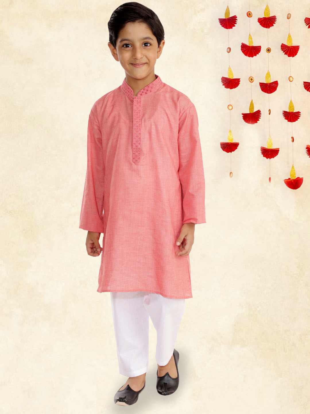 

YK Boys Pastel Red Straight Mandarin Collar Cotton Kurta with White Pyjama