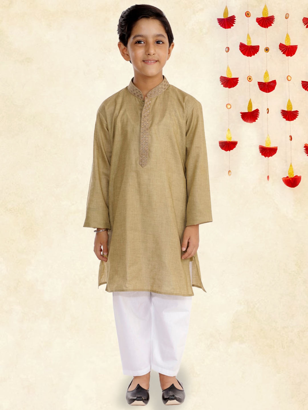 

YK Boys Khaki Straight Mandarin Collar Cotton Kurta with White Pyjama, Green