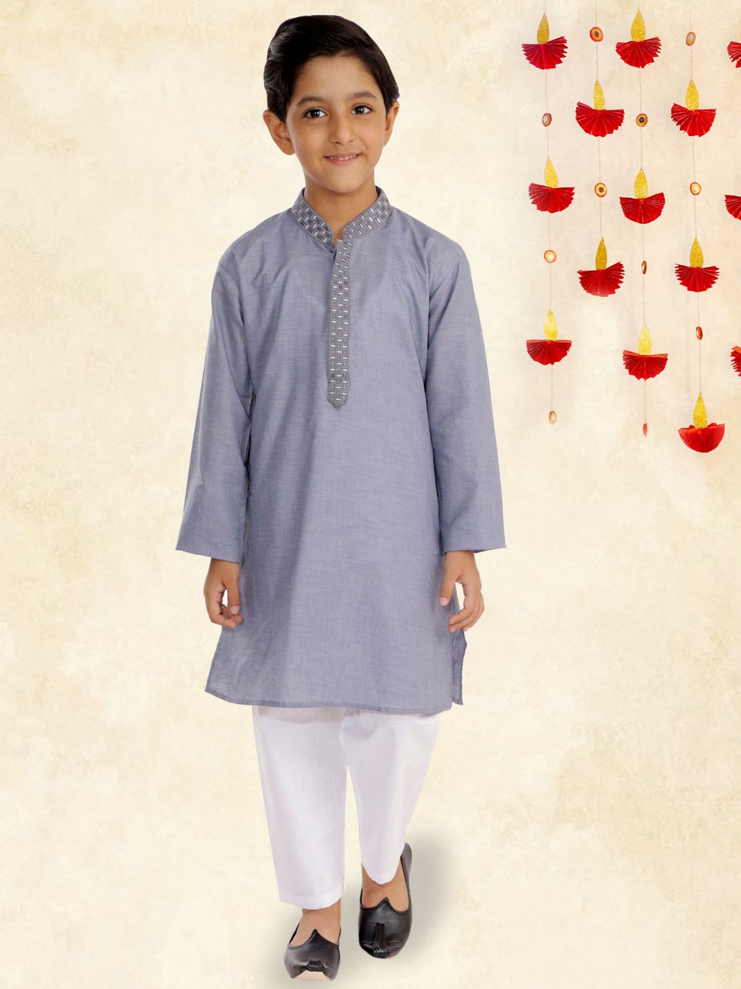 

YK Boys Blue Straight Mandarin Collar Cotton Kurta with Pyjama, Grey