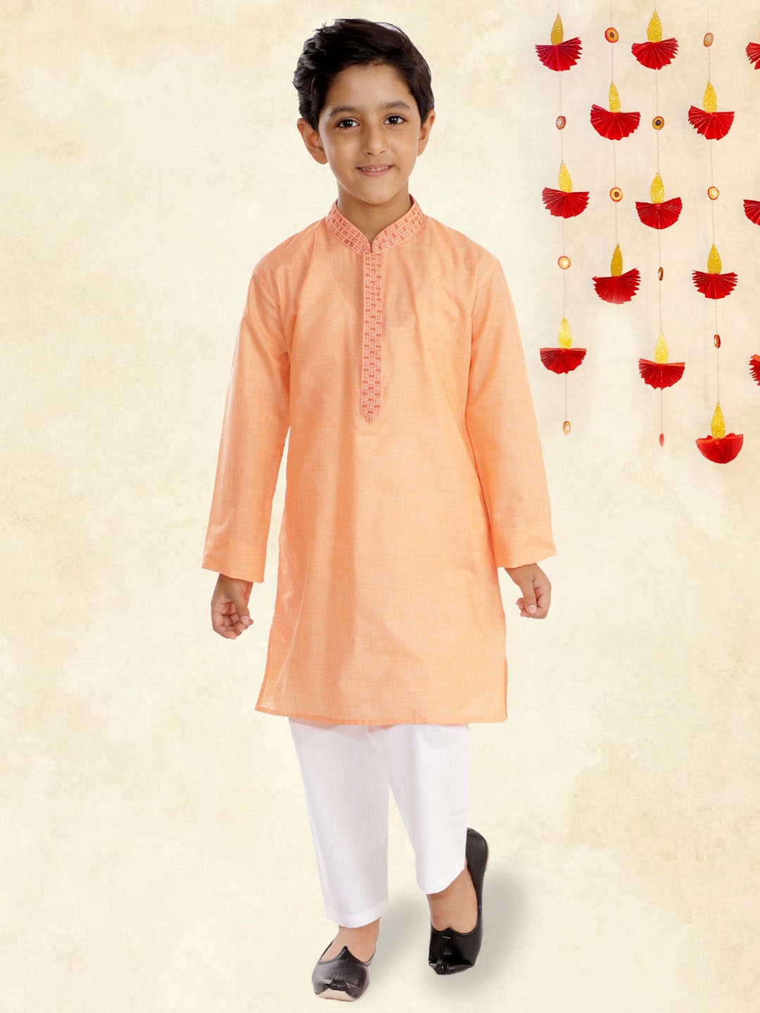 

YK Boys Peach Solid Straight Mandarin Collar Kurta with White Pyjama