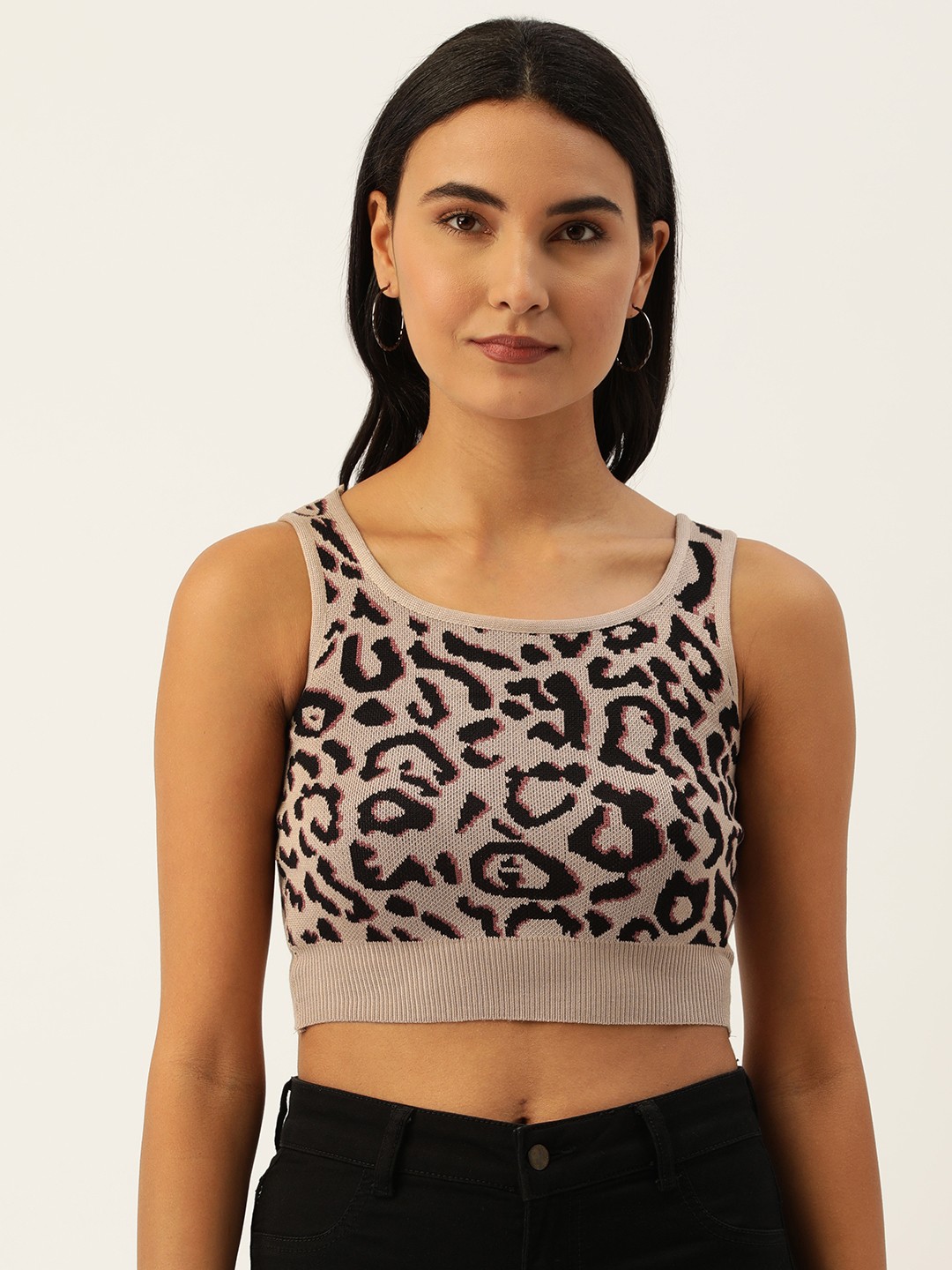 

SHECZZAR Women Beige & Black Animal Print Tank Crop Top