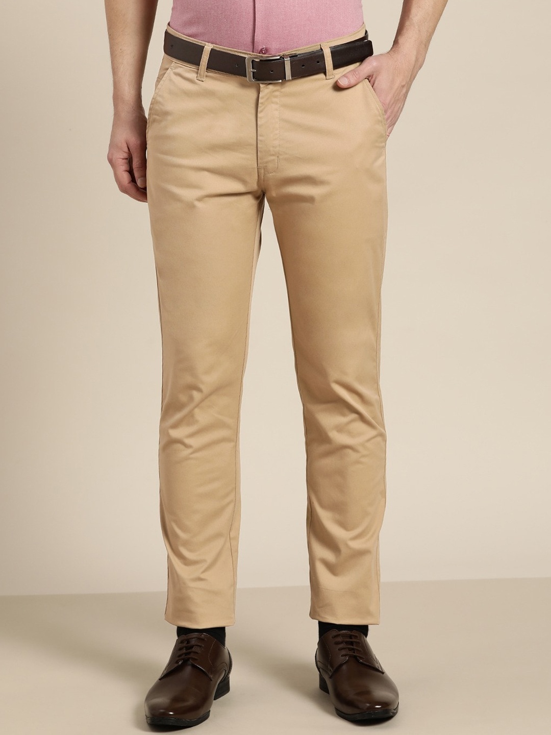 

Hancock Men New Beige Solid Slim Fit Pure Cotton Formal Trousers