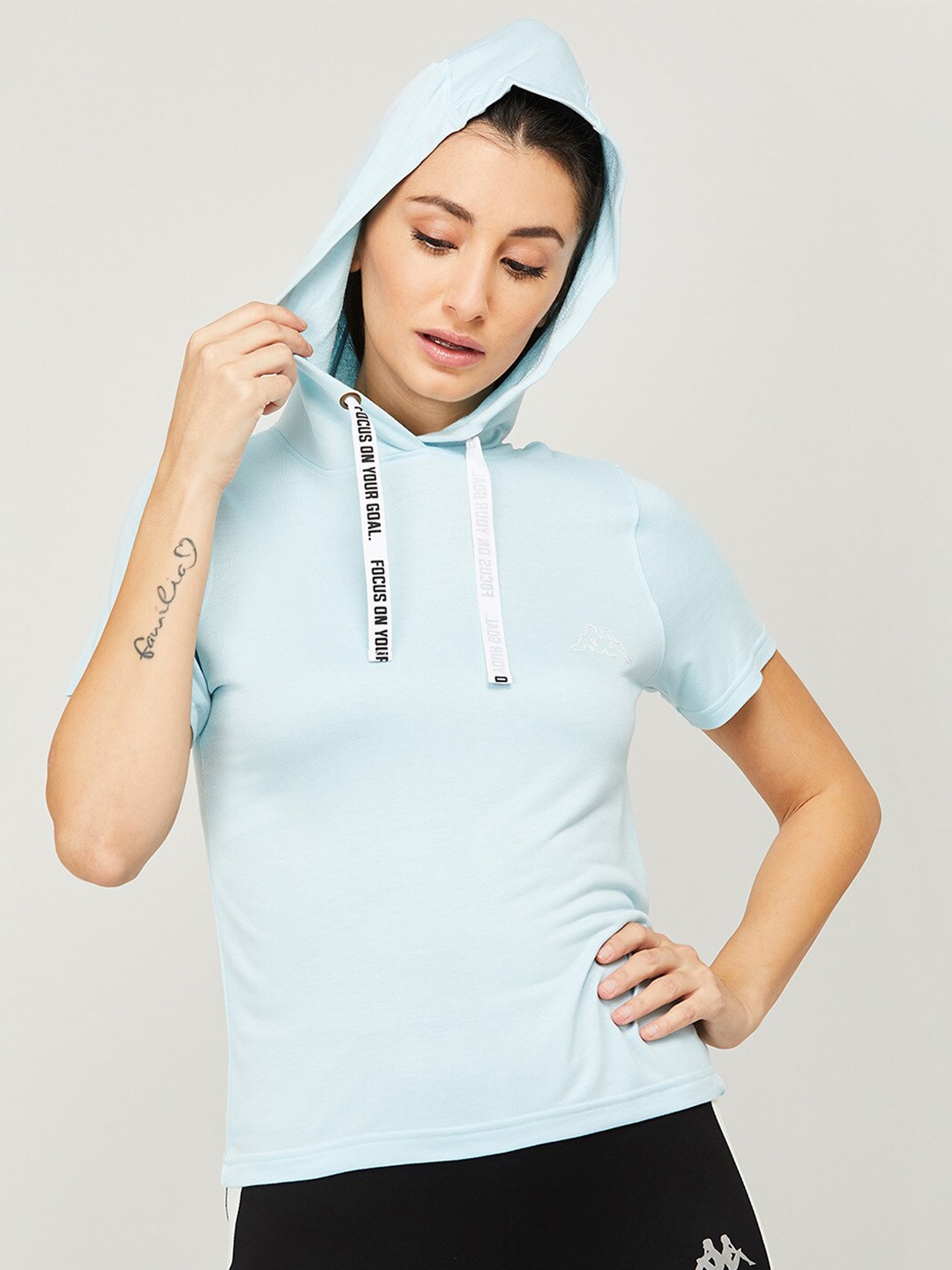 

Kappa Women Blue Solid Hooded Sweatshirt