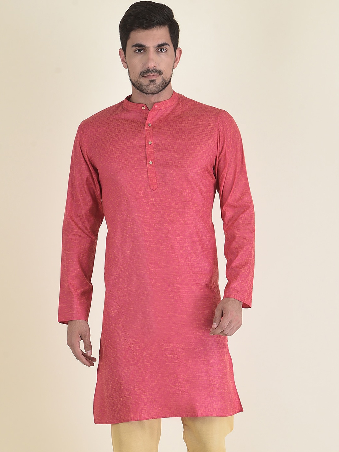 

DEYANN Men Pink Thread Work Jacquard Kurta