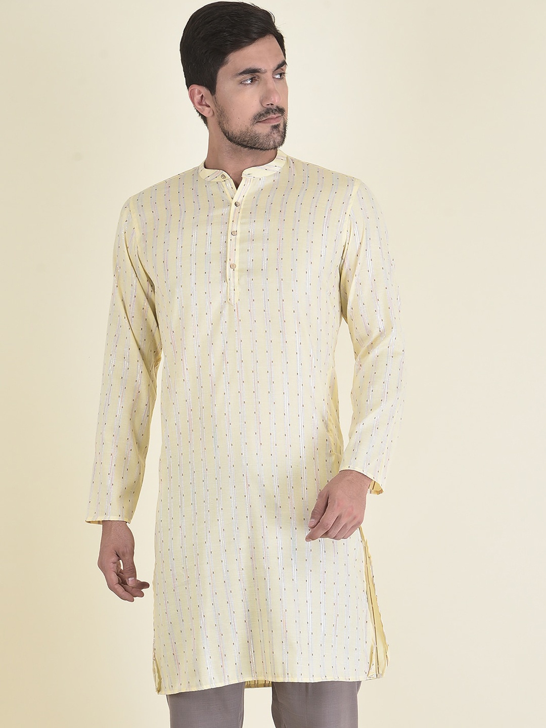 

DEYANN Men Yellow Striped Jacquard Straight Kurta