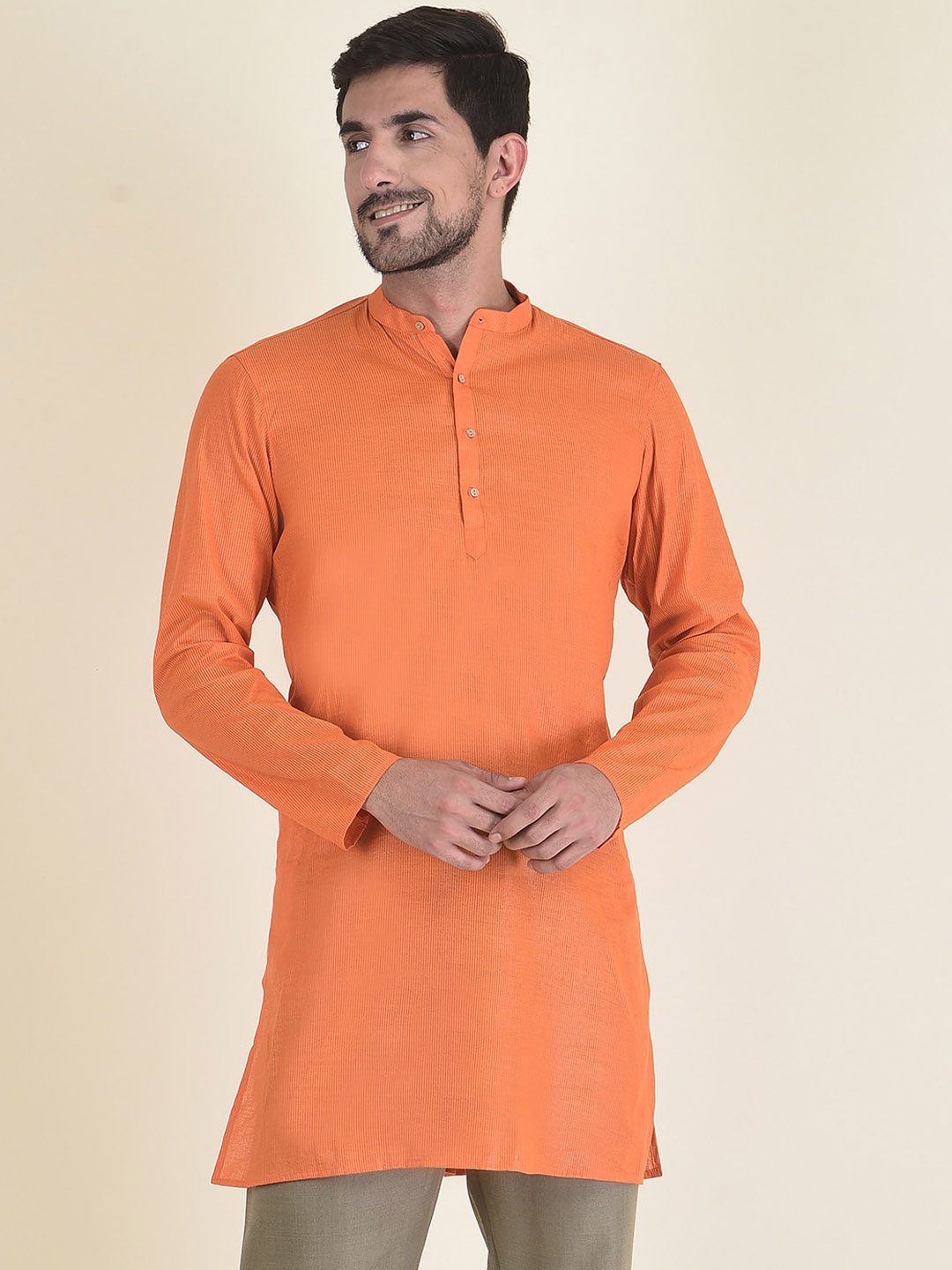 

DEYANN Men Orange Cotton Silk Striped Kurta