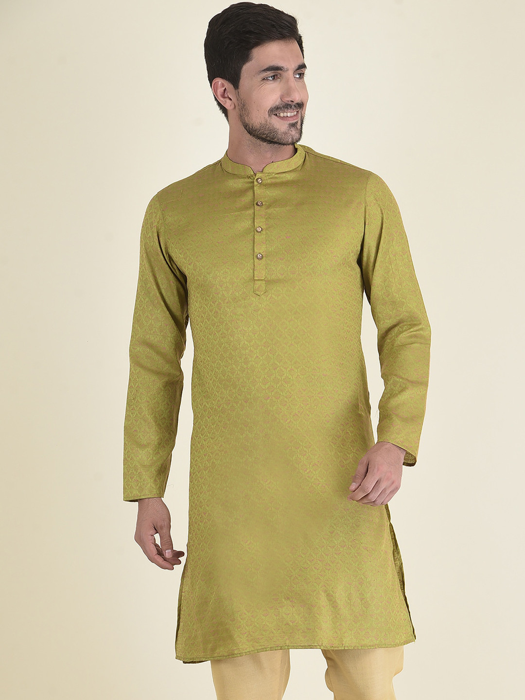 

DEYANN Men Green Thread Work Jacquard Kurta