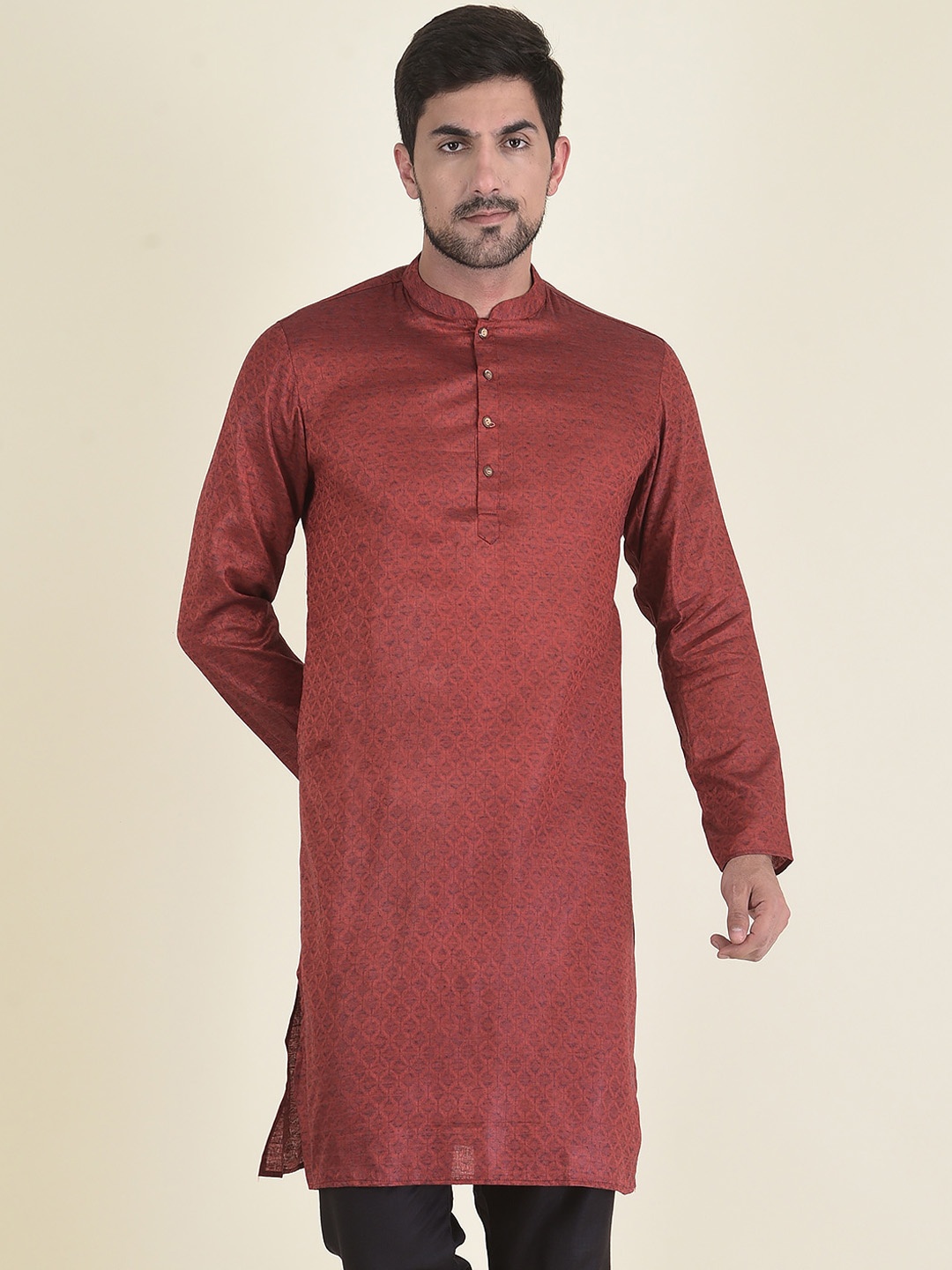 

DEYANN Men Maroon Geometric Jacquard Kurta