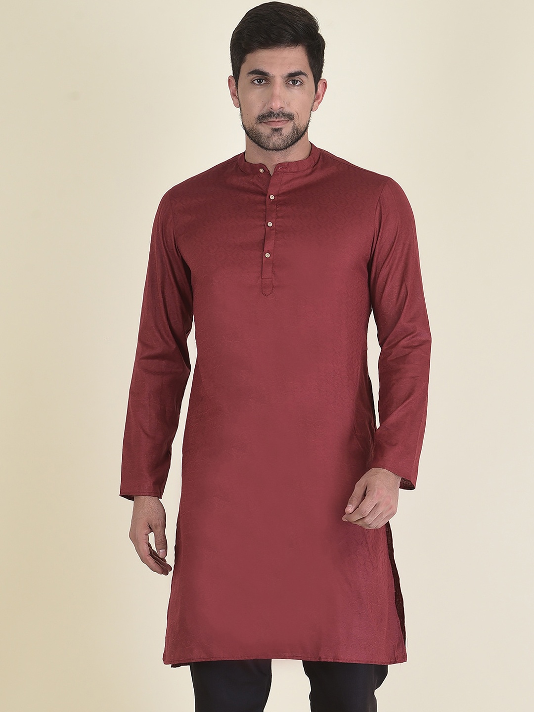 

DEYANN Men Maroon Thread Work Jacquard Kurta