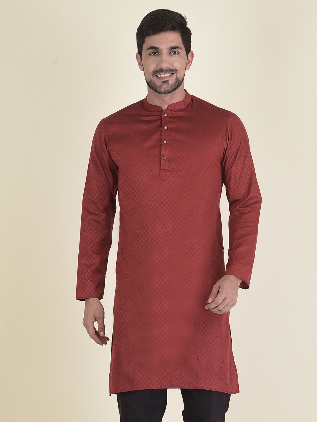 

DEYANN Men Maroon Checked Jacquard Kurta