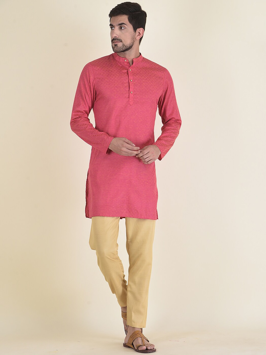 

DEYANN Men Pink Self Design Kurta with Trousers