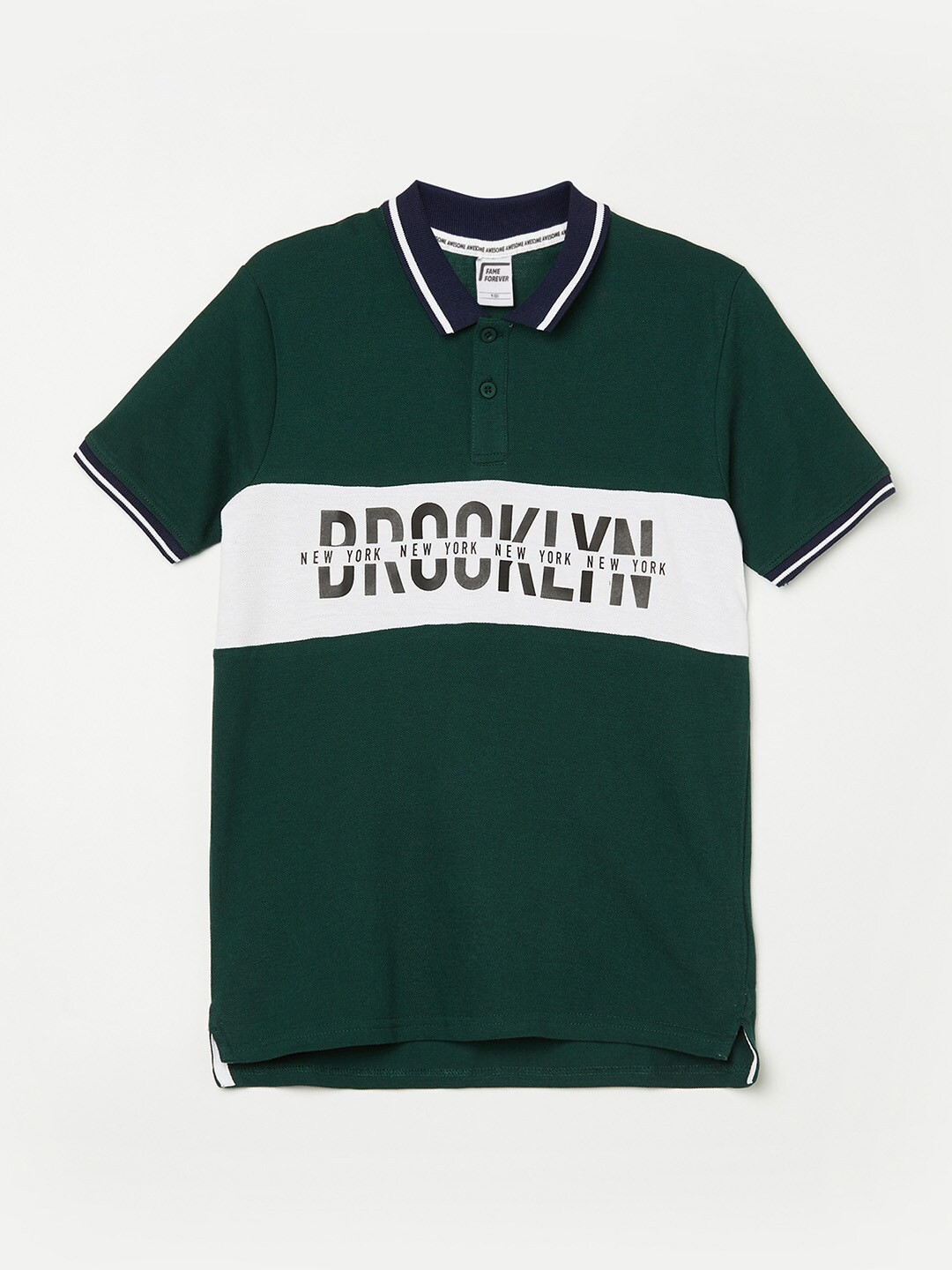 

Fame Forever by Lifestyle Boys Green & White Typography Printed Polo Collar Pure Cotton T-shirt