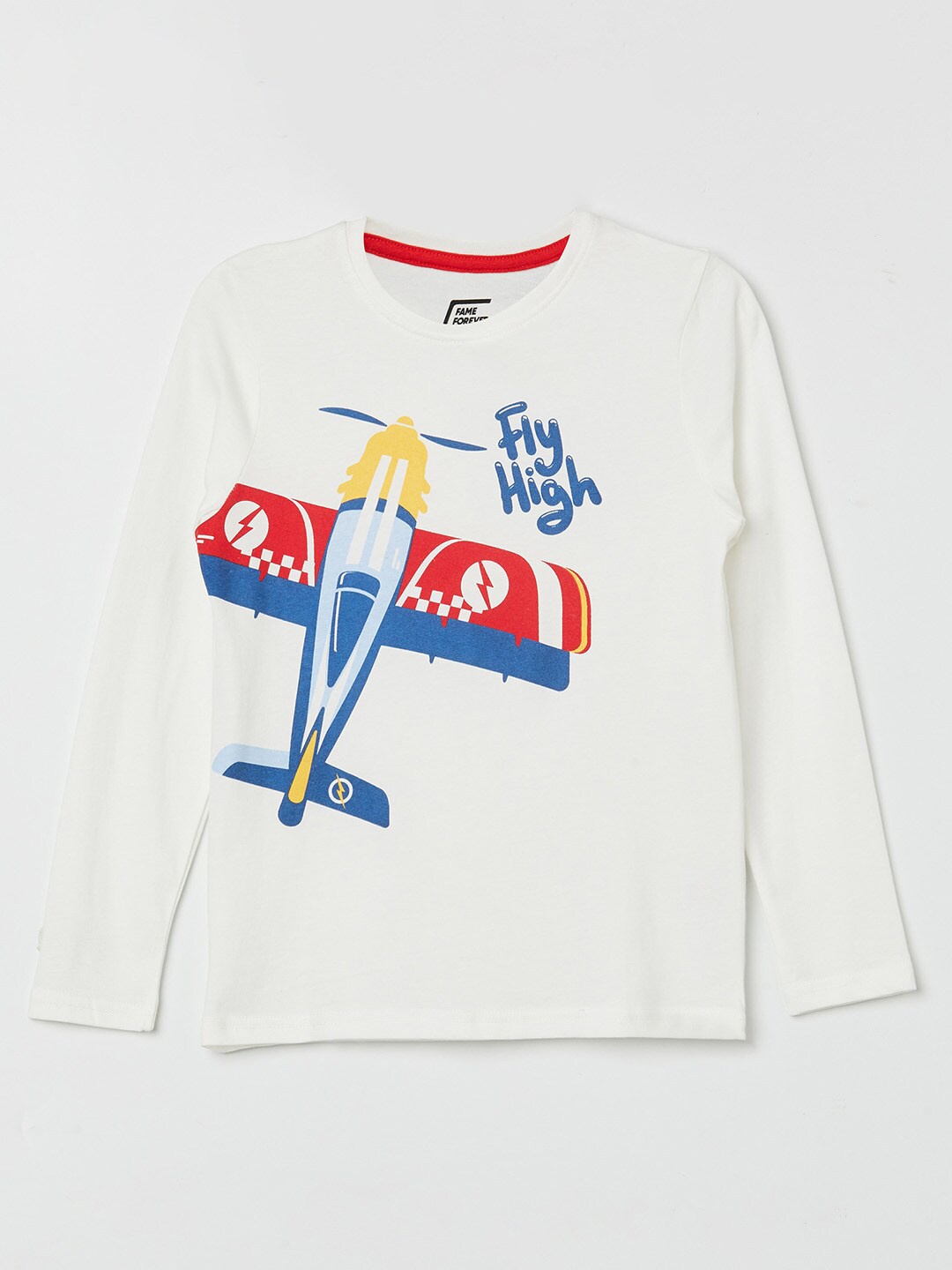 

Fame Forever by Lifestyle Boys White & Blue Printed Pure Cotton T-shirt