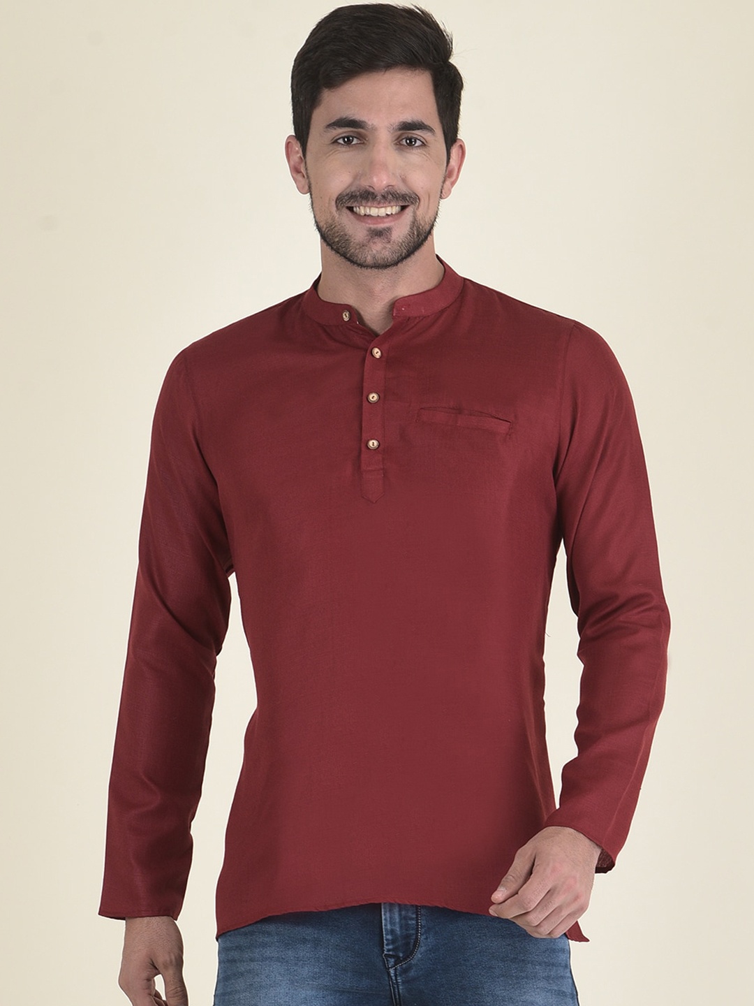 

DEYANN Men Maroon Cotton Silk Long Sleeve Kurta