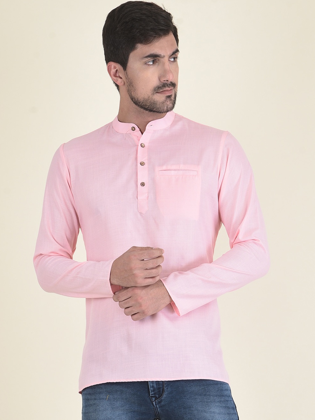 

DEYANN Mandarin Collar Short Kurta, Pink