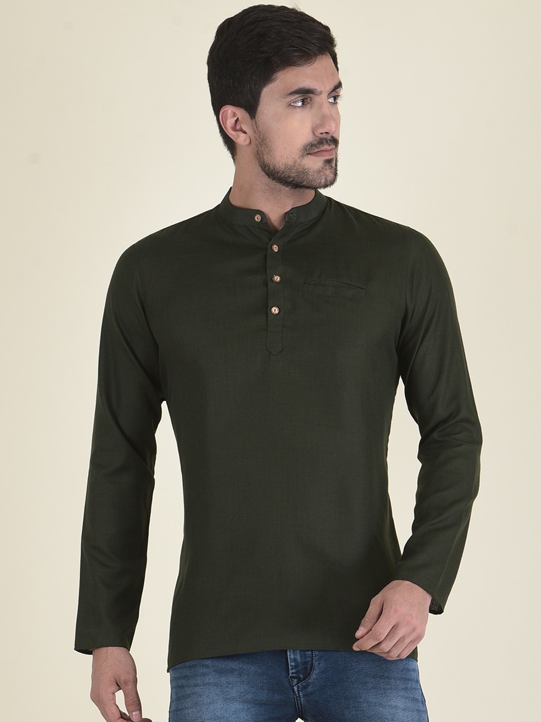 

DEYANN Mandarin Collar Short Kurta, Olive