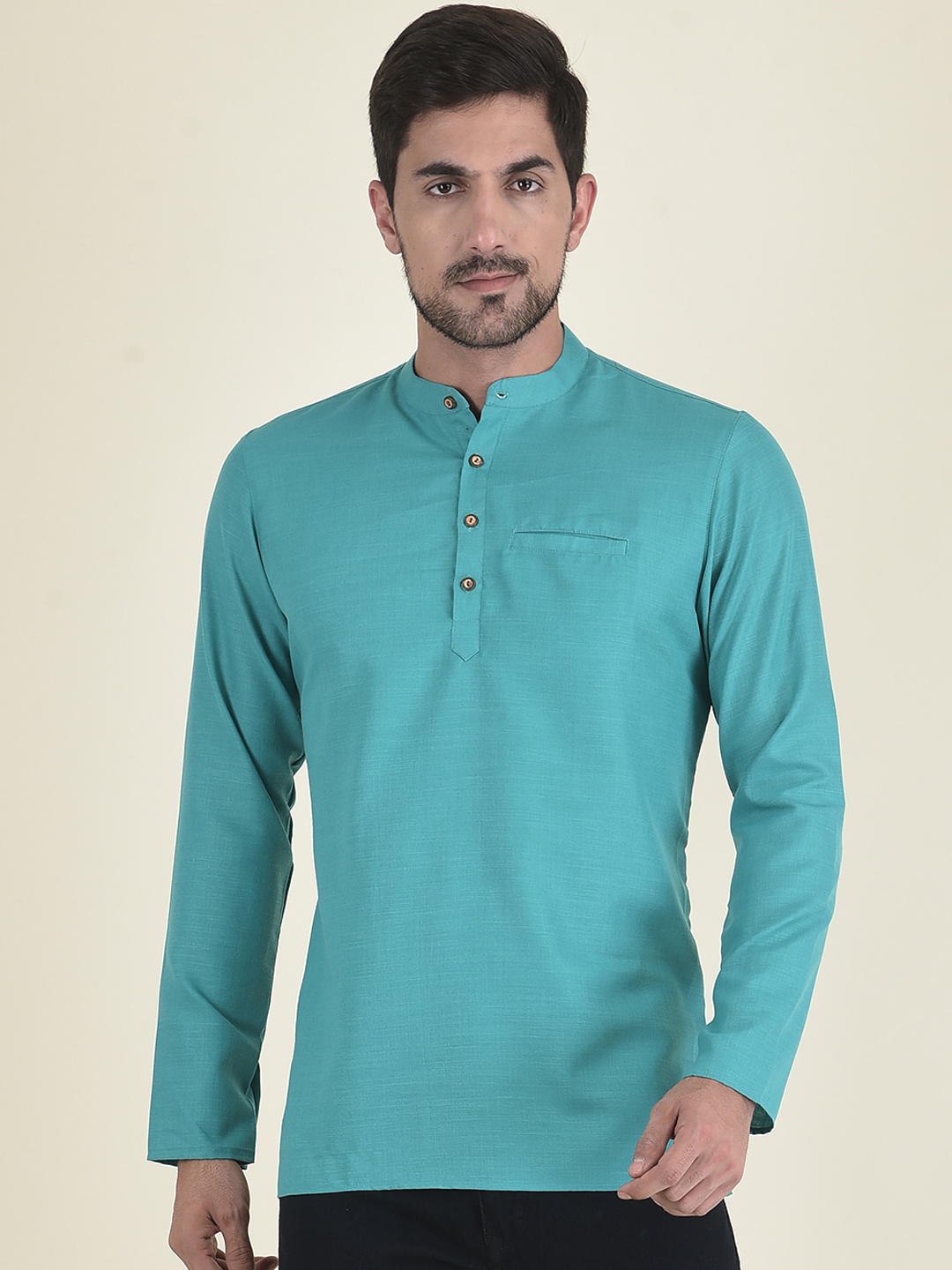 

DEYANN Men Blue Solid Cotton Silk Kurta