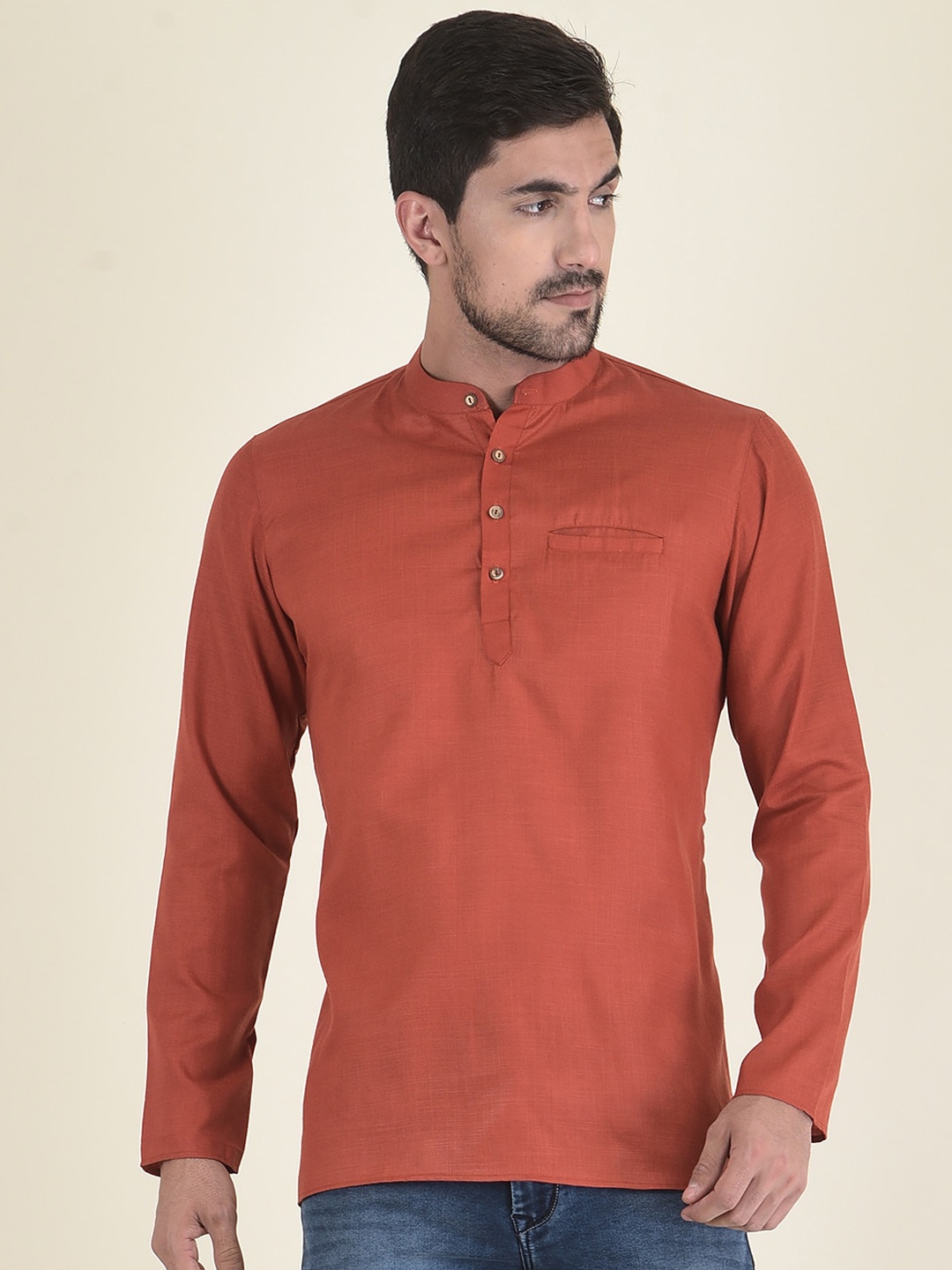

DEYANN Men Rust Solid Cotton Silk Kurta