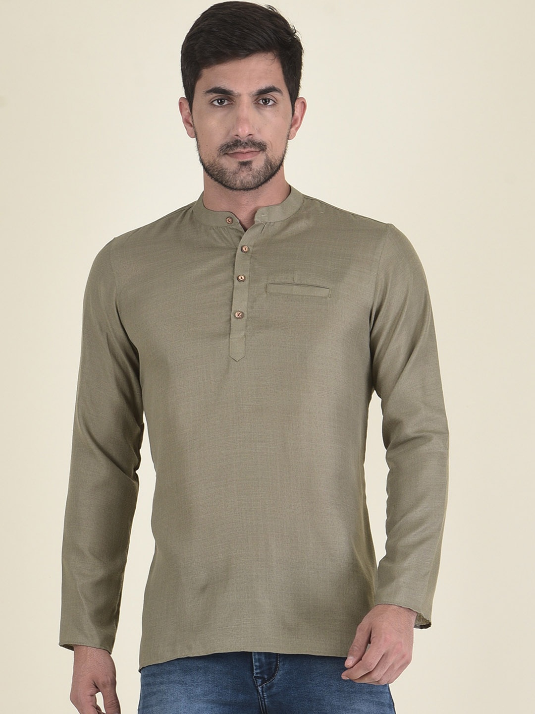 

DEYANN Men Olive Green Short Kurta