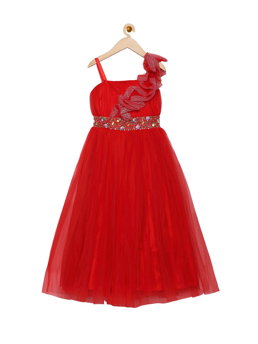 

Actuel Girls Red Net Solid Ruffled Maxi Dress