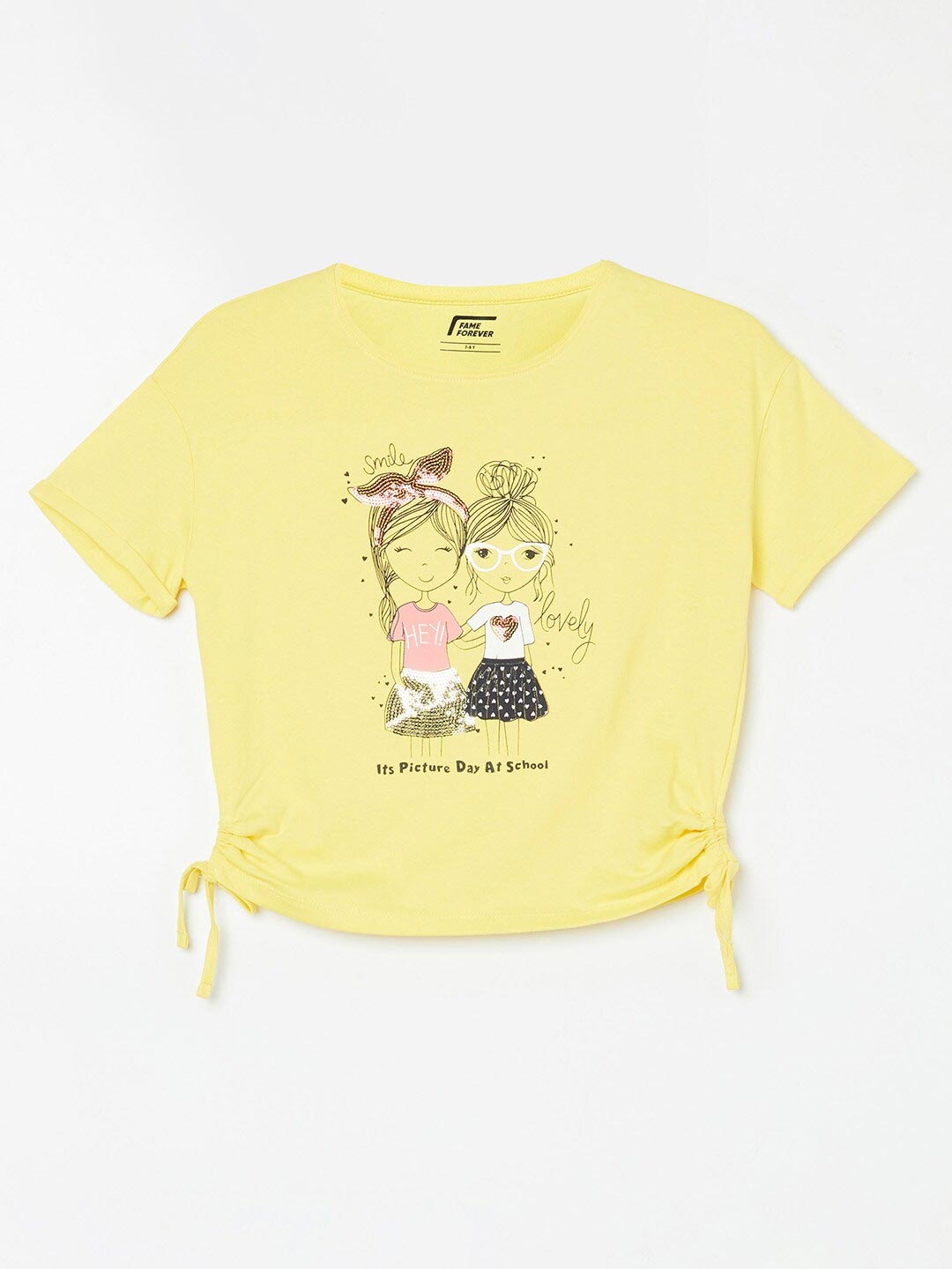 

Fame Forever by Lifestyle Girls Yellow & Black Printed Drop-Shoulder Pure Cotton T-shirt