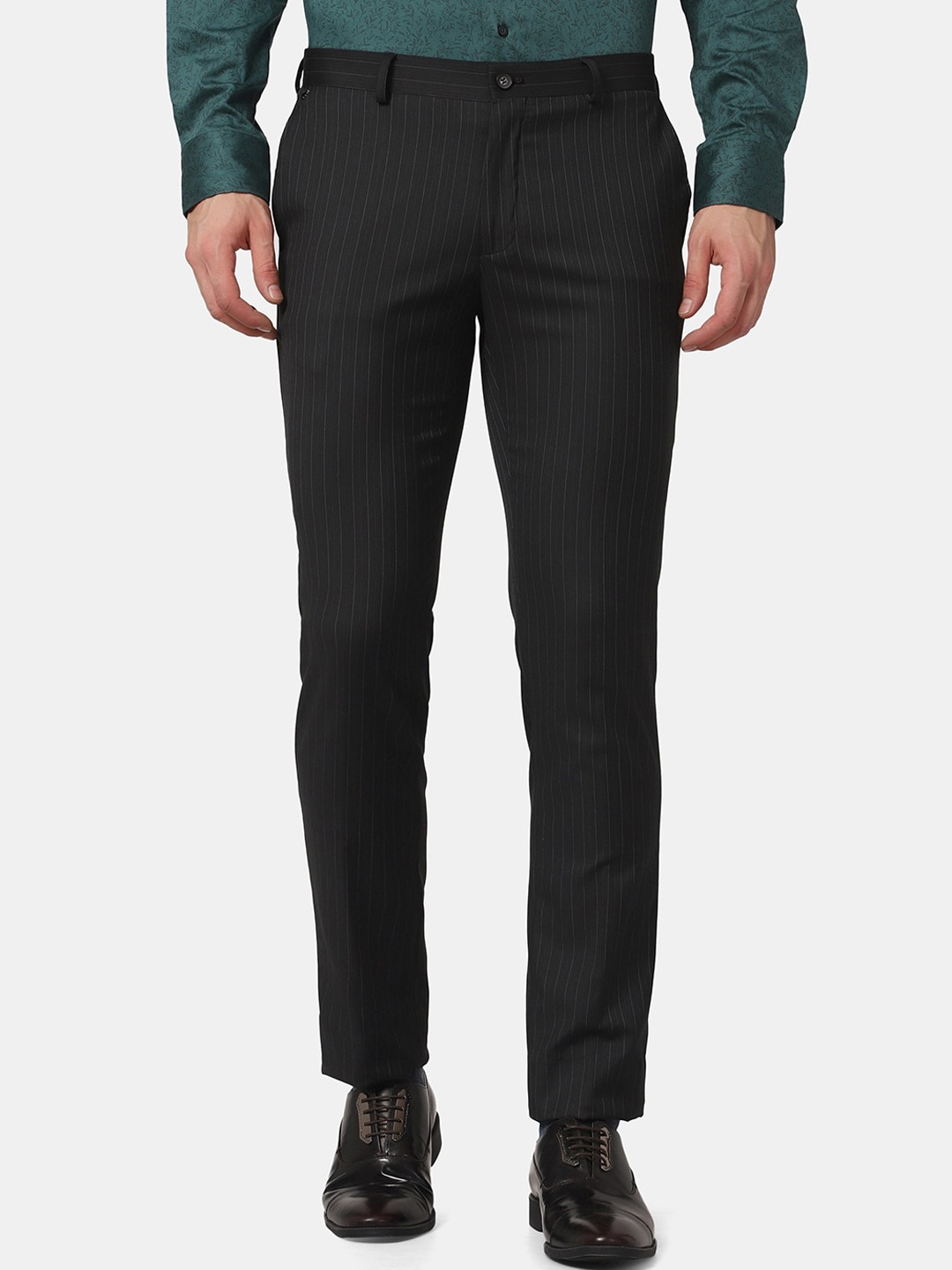 

Blackberrys Men Black Striped Slim Fit Low-Rise Formal Trousers