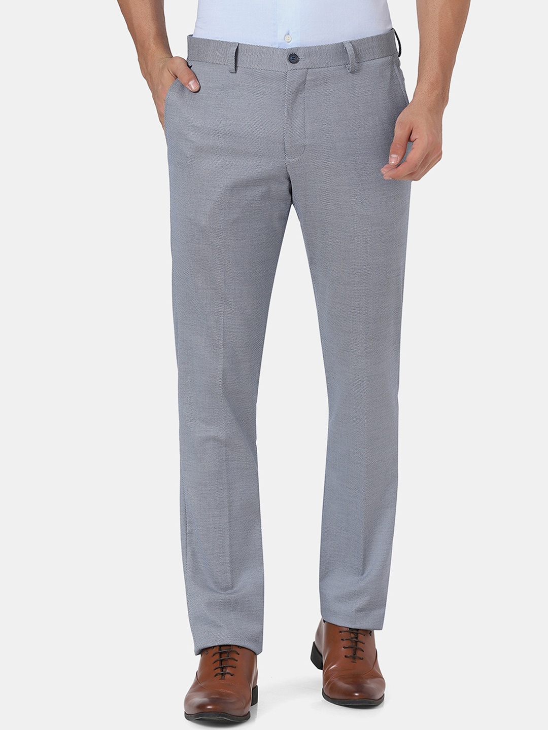 

Blackberrys Men Blue Textured Slim Fit Low-Rise Trousers