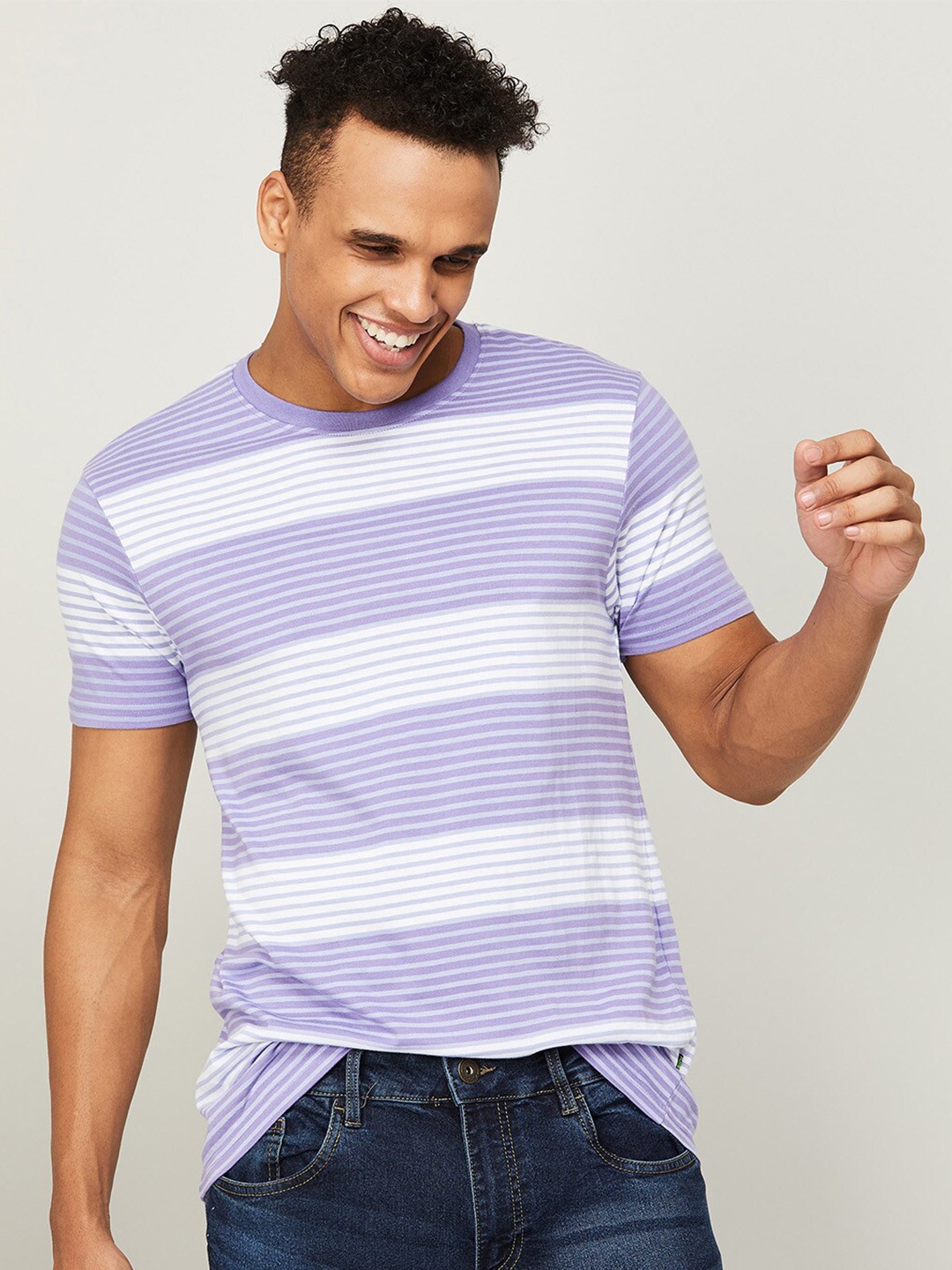 

Bossini Men Pink Striped Pure Cotton Slim Fit T-shirt, Purple