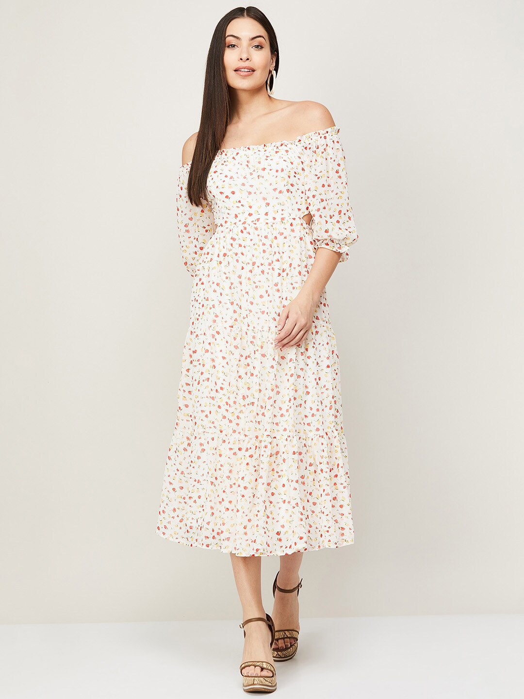 

Ginger by Lifestyle White Floral Printed Off-Shoulder Midi Dress