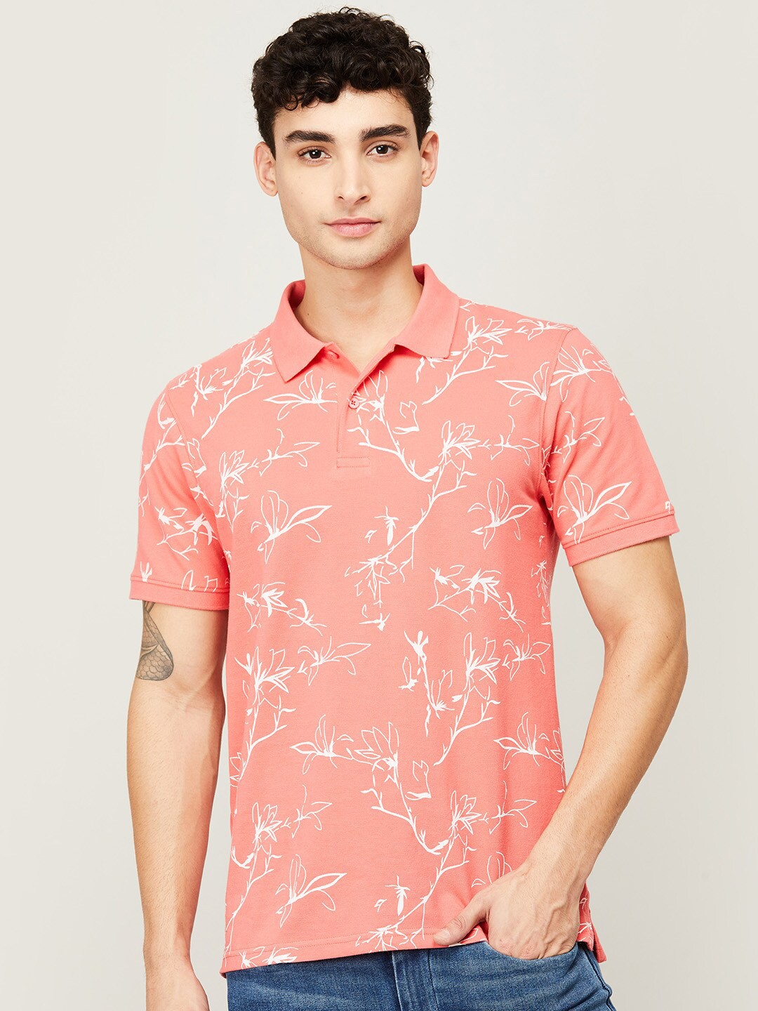 

Fame Forever by Lifestyle Men Pink Floral Printed Polo Collar T-shirt