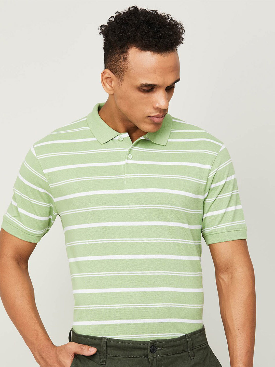 

Fame Forever by Lifestyle Men Green Striped Cotton Polo Collar T-shirt