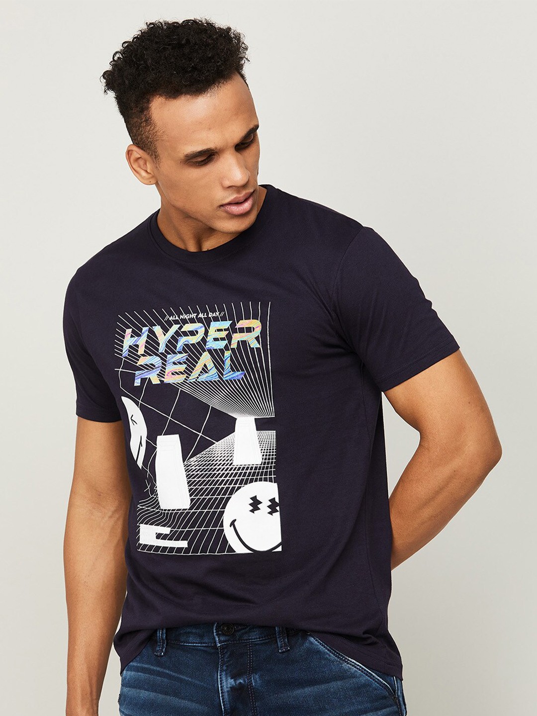 

SmileyWorld Men Navy Blue Printed Slim Fit T-shirt