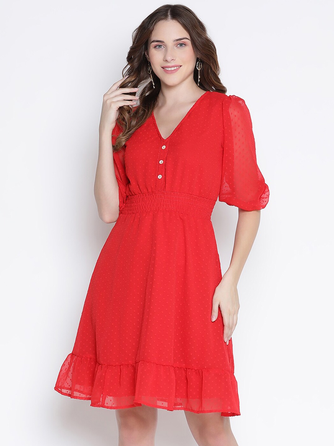 

DRAAX Fashions Red Smocked Georgette Dress