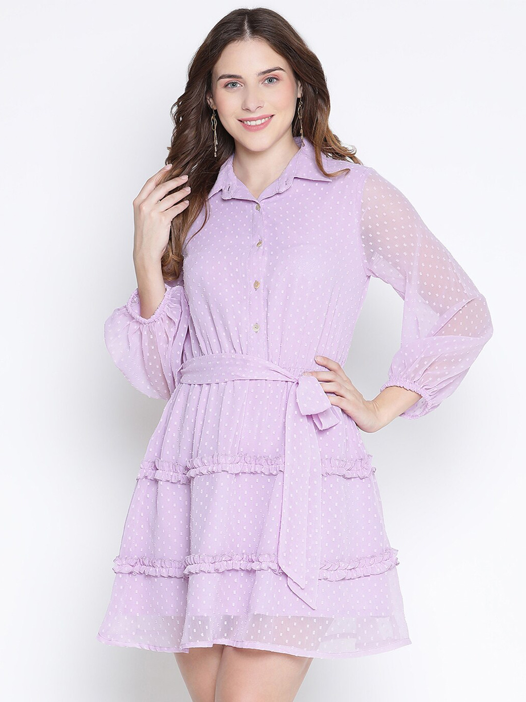 

DRAAX Fashions Lavender Shirt Collar Fit and Flare Dress