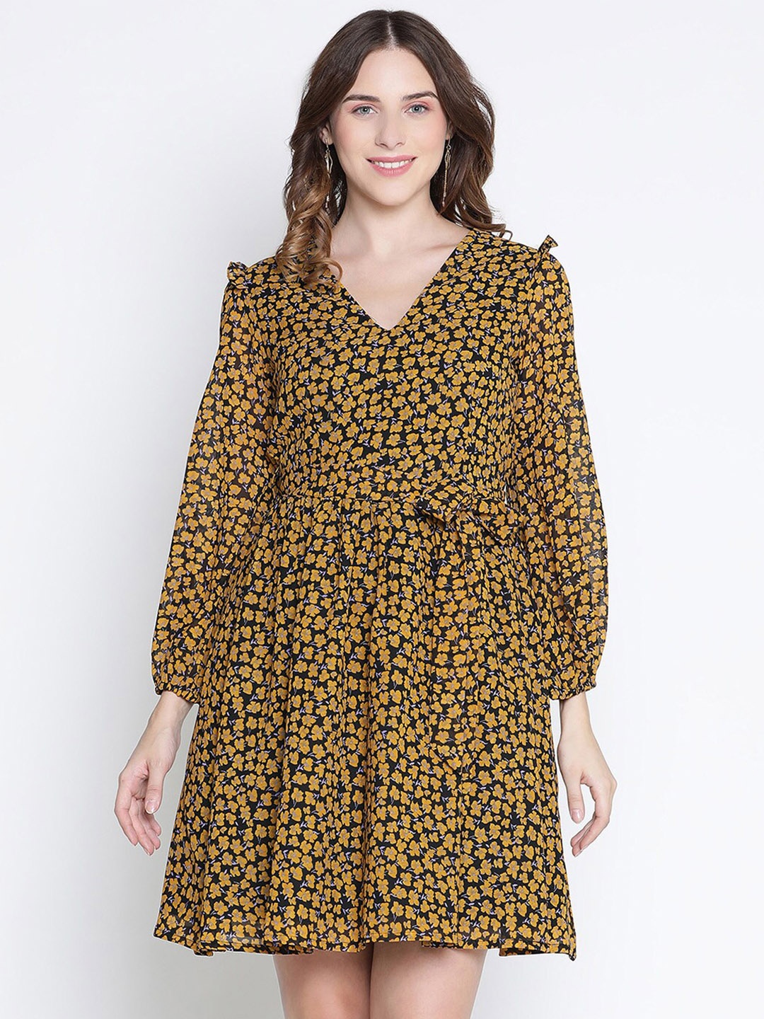 

DRAAX Fashions Yellow & Black Floral Print Fit & Flare Dress