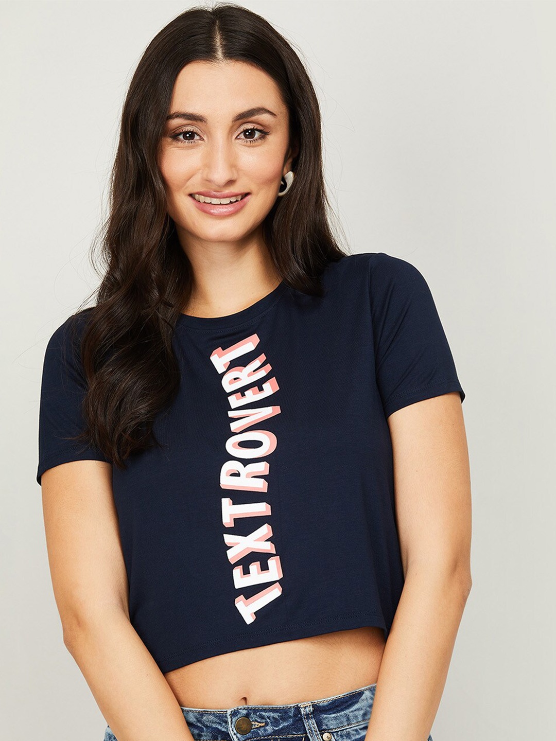 

Ginger by Lifestyle Women Navy Blue Typography Printed Raw Edge T-shirt