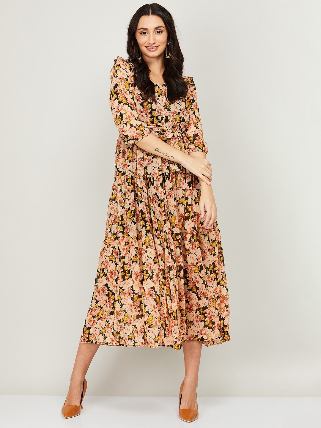 

CODE by Lifestyle Pink & Yellow Floral A-Line Midi Dress