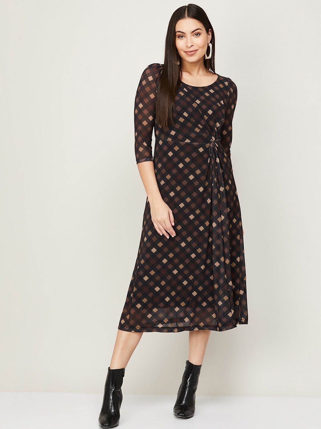 

CODE by Lifestyle Women Brown & Beige A-Line Geometric Printed Midi Dress