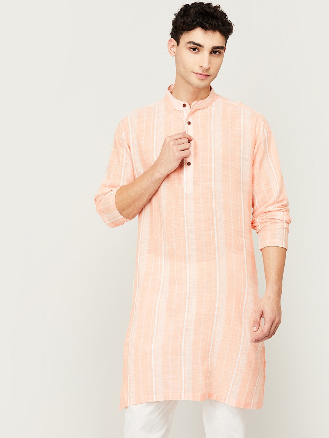 

Melange by Lifestyle Men Peach-Coloured Striped Kurta