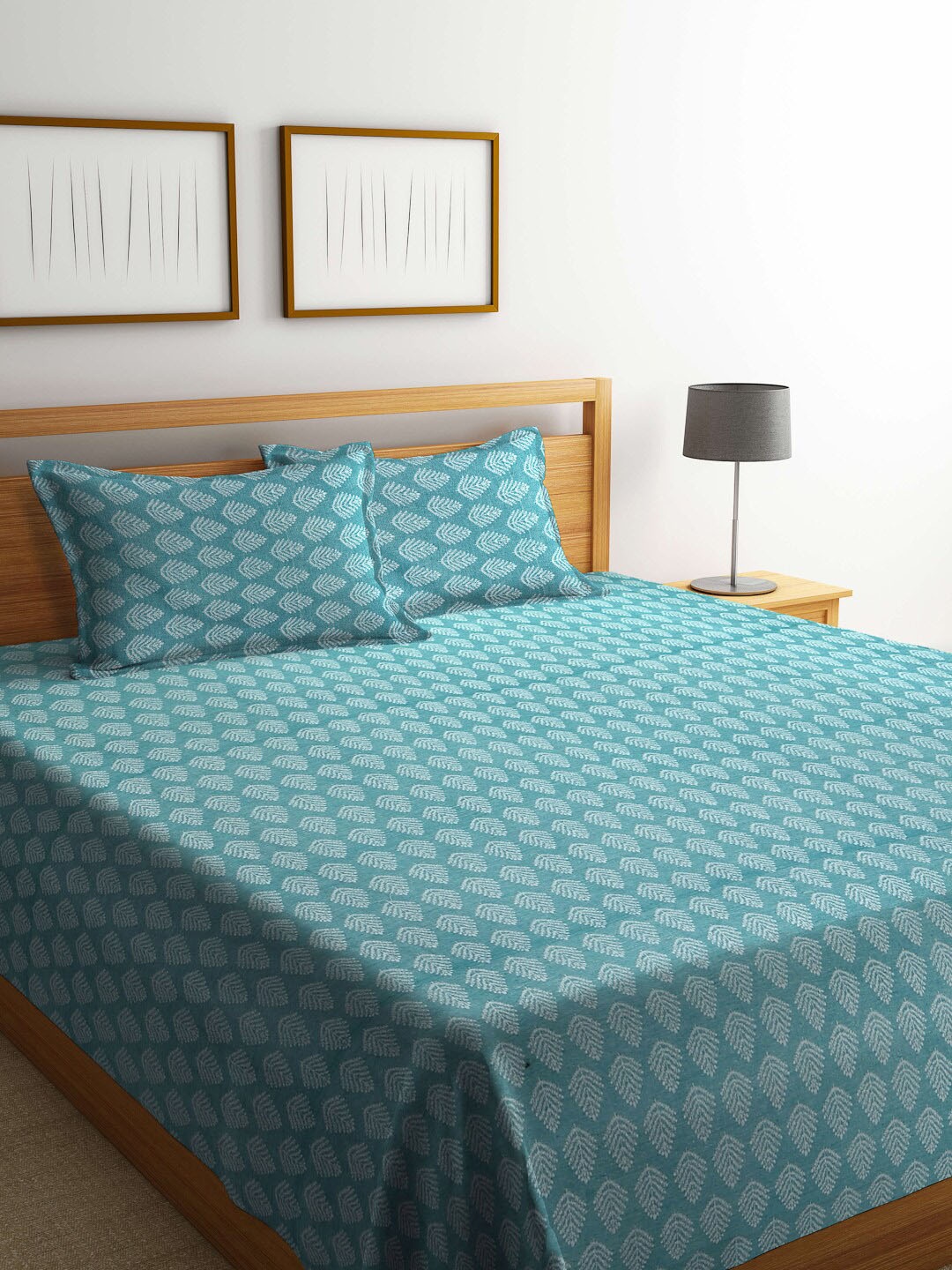 

KLOTTHE Turquoise Blue Woven Design Pure Cotton 250-349 TC Bed Covers With 2 Pillow Covers