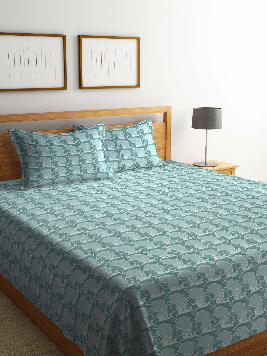 

KLOTTHE Cartoon Characters 349 TC Pure Cotton Double Bed Cover with 2 Pillow Covers, Green